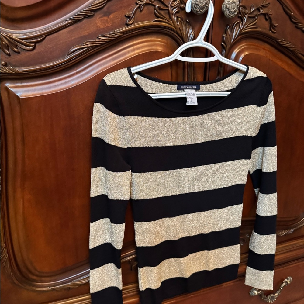 Boston Proper Black and Gold Striped Long Sleeve Top